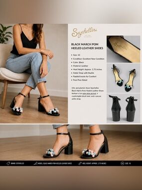 Seychelles Black March Pom Heeled Leather Sandals Size 10 Pom Accent Block Heel